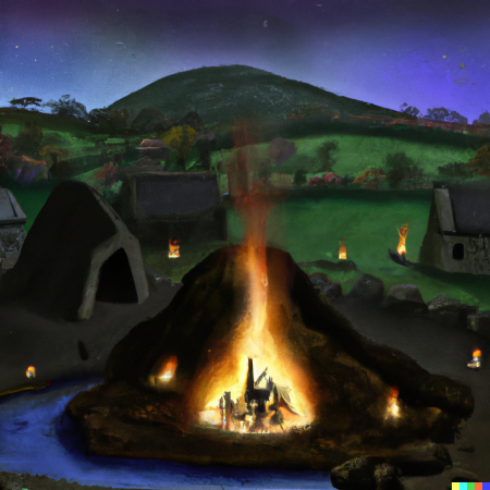 Pintura de un poblado celta celebrando el Samhain