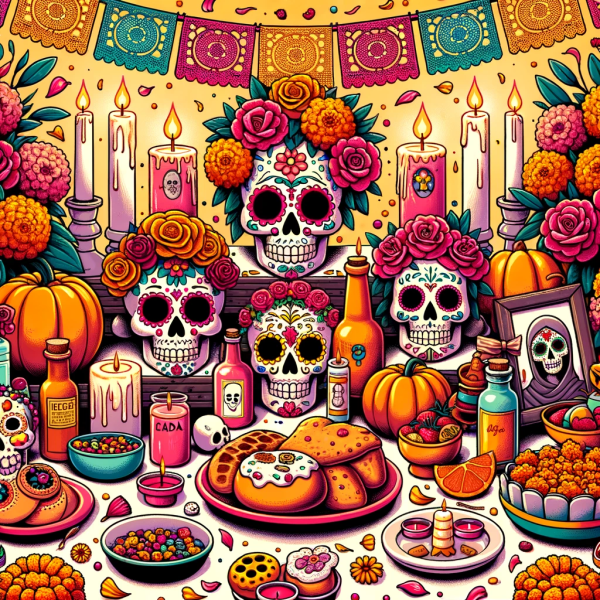 Ilustración colorida del Día de los Muertos en México.